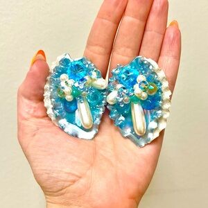 🌟HOST PICK!🌟 80s Vintage 🩵 Handmade Clay & Crystal Clip-On Statement Earrings